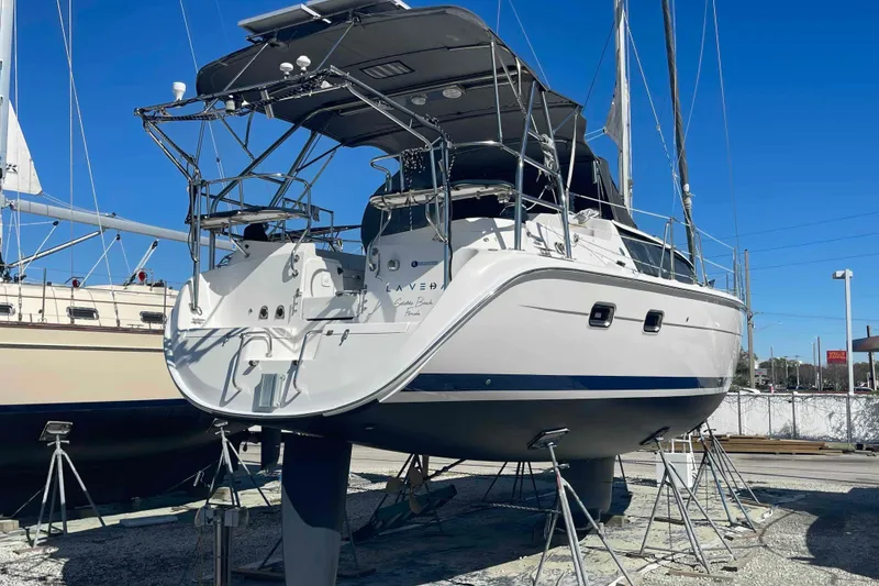 Slide: The Image of 2003 Hunter 426 Deck Salon sailboat on stands, ready for maintenance. - 76