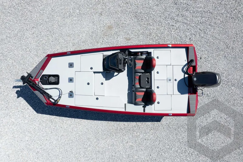 Slide: The Image of 2026 Vexus Defender 189 boat, aerial view, red and gray design, dual seats, motorized. - 44