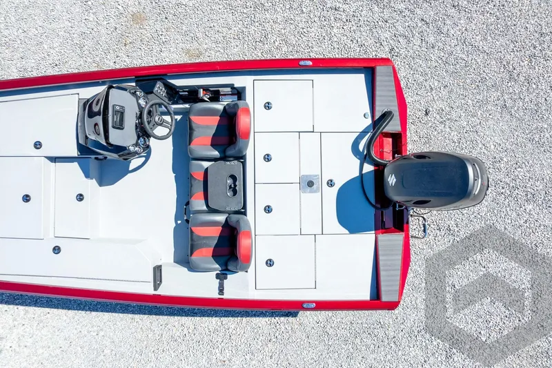 Slide: The Image of Top view of 2026 Vexus Defender 189 boat with dual seats and motor. - 46