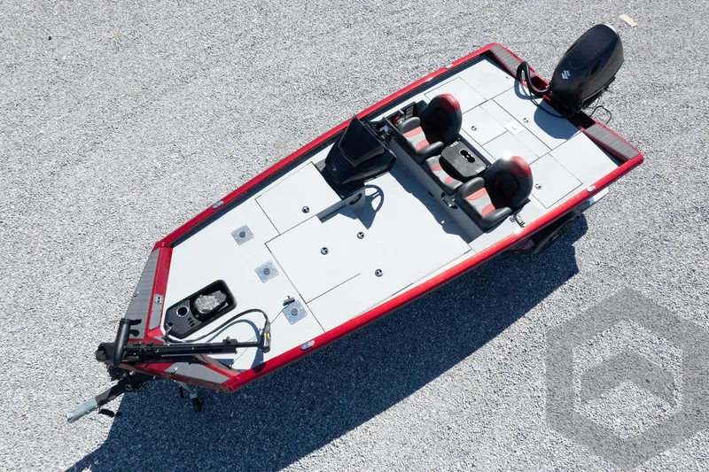Slide: The Image of 2026 Vexus Defender 189 boat, aerial view, red and gray design, dual seats, outboard motor. - 47