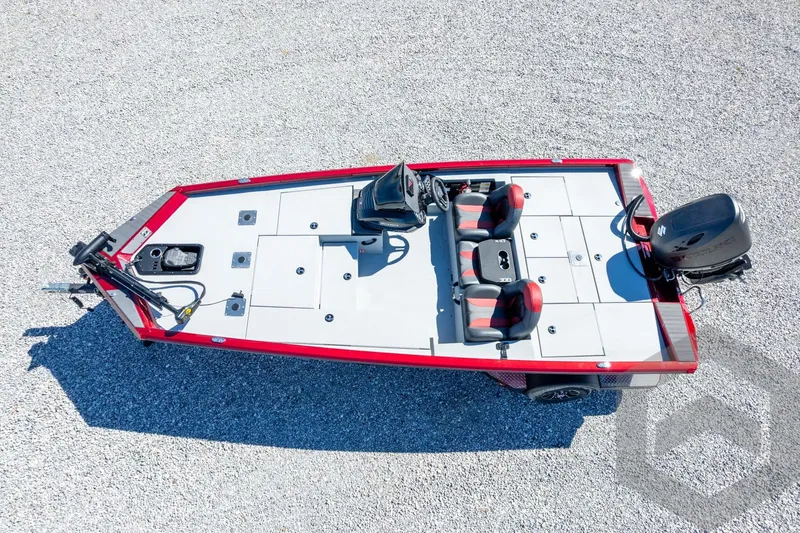 Slide: The Image of 2026 Vexus Defender 189 boat, aerial view, red and gray design, dual seats, outboard motor. - 48