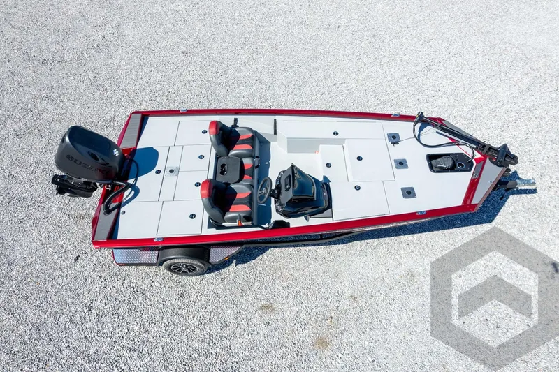 Slide: The Image of 2026 Vexus Defender 189 boat, aerial view, red and gray design, dual seats, Suzuki engine. - 52