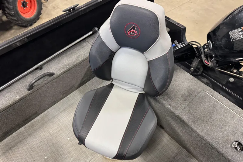 Slide: The Image of 2020 Alumacraft Competitor 165 Tiller boat seat, gray and black design. - 9