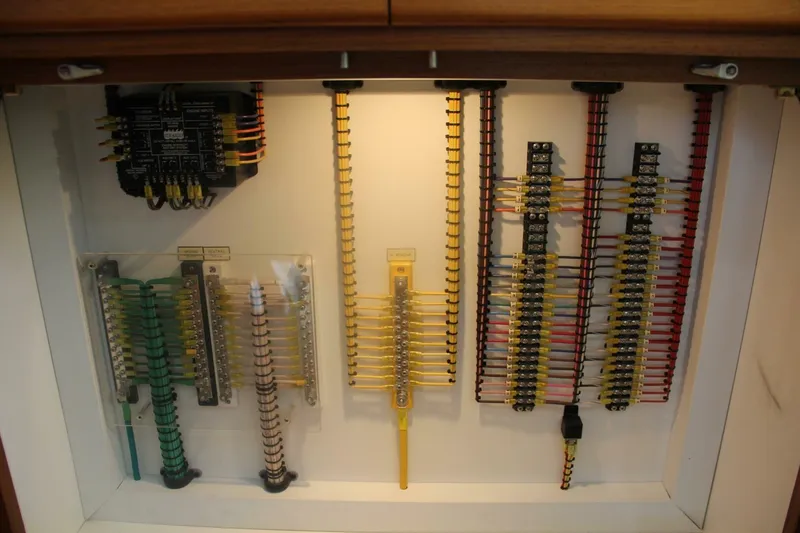 Slide: The Image of Electrical panel of a 2004 Cabo 48 Flybridge boat, showcasing organized wiring and connections. - 13