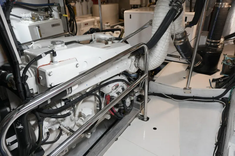 Slide: The Image of Engine room of 2008 Kadey-Krogen 48 North Sea yacht, showcasing mechanical components. - 71