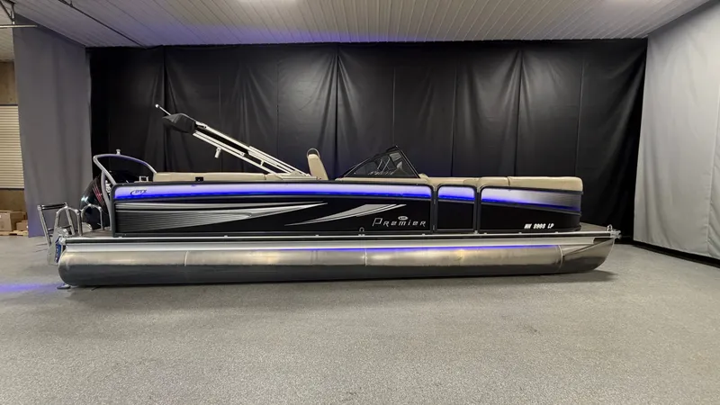 Slide: The Image of 2017 Premier 270 S-Series pontoon boat indoors. - 0