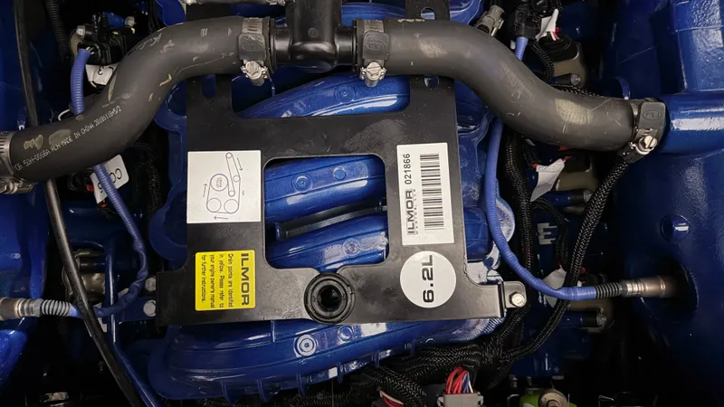 Slide: The Image of Engine compartment of a 2019 MasterCraft X24 boat with Ilmor 6.2L engine. - 29