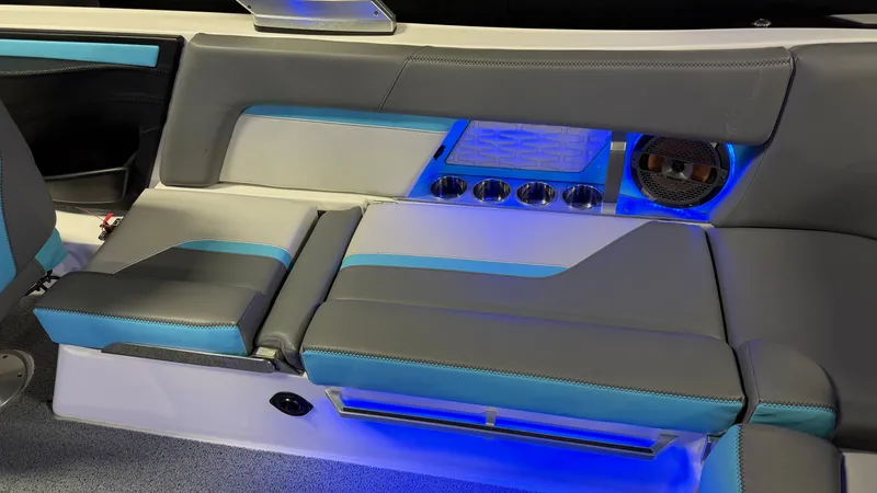Slide: The Image of 2019 MasterCraft X24 interior with blue LED lighting. - 38