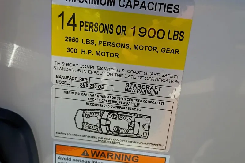 Slide: The Image of 2026 Starcraft SVX 230 DC OB capacity label: 14 persons, 1900 lbs, 300 HP motor. - 39
