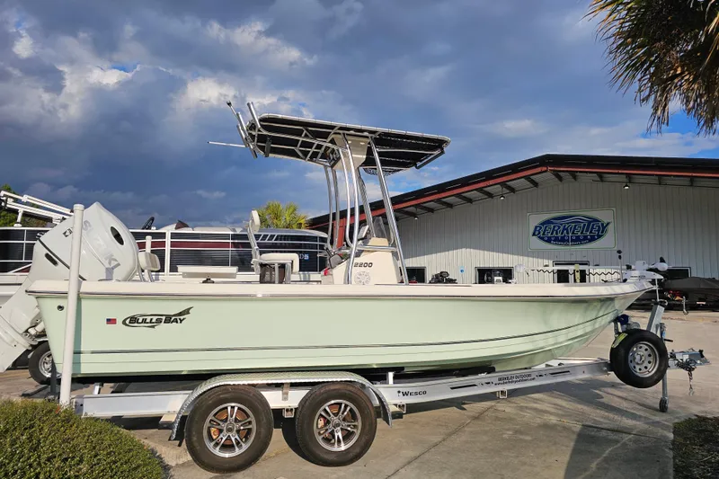 Slide: The Image of 2024 Bulls Bay 2200 boat on trailer outside Berkeley Outdoors dealership. - 4