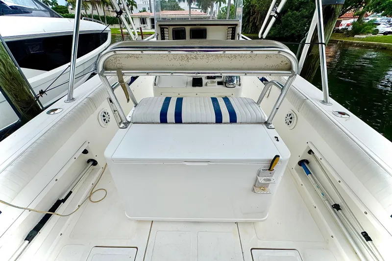 Slide: The Image of 1996 Marlin 35 CC Sportfish boat interior with steering console and cuddy cabin. - 7