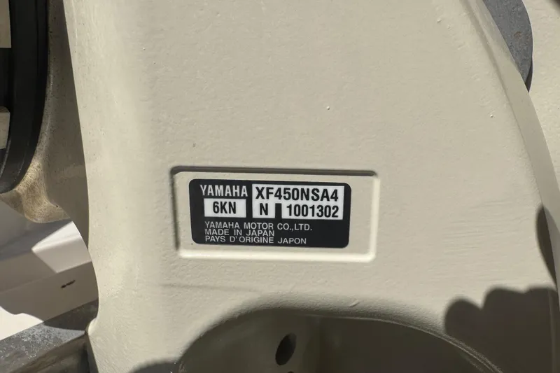 Slide: The Image of Yamaha motor label on 2024 Grady-White Canyon 336, model XF450NSA4, made in Japan. - 45
