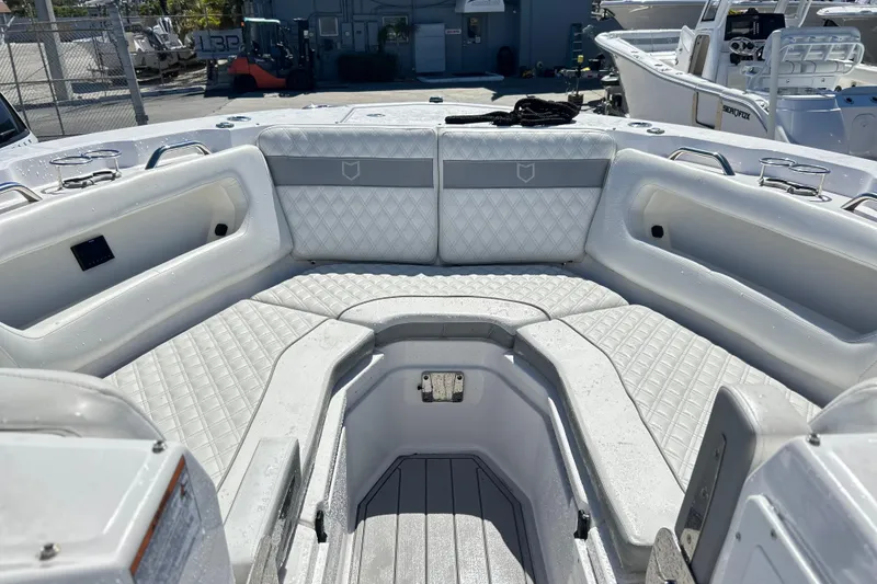 Slide: The Image of Luxurious seating area on 2025 Sea Fox 288 Traveler boat, featuring quilted upholstery. - 6
