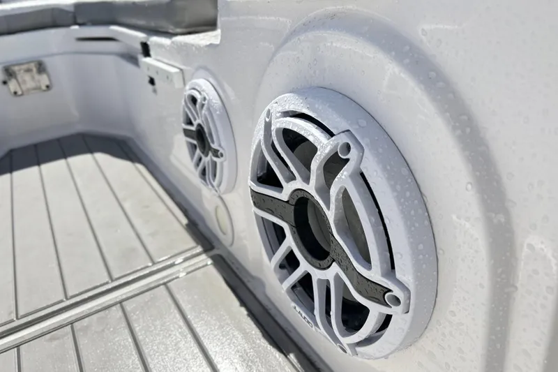 Slide: The Image of Close-up of speakers on a 2025 Sea Fox 288 Traveler boat interior. - 9