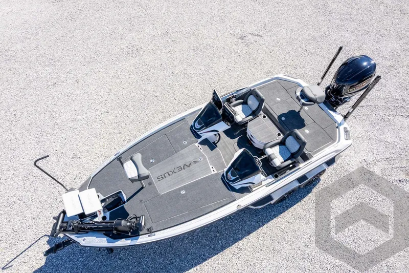 Slide: The Image of 2026 Vexus VXs20 fishing boat, aerial view, featuring dual seats and modern design. - 57