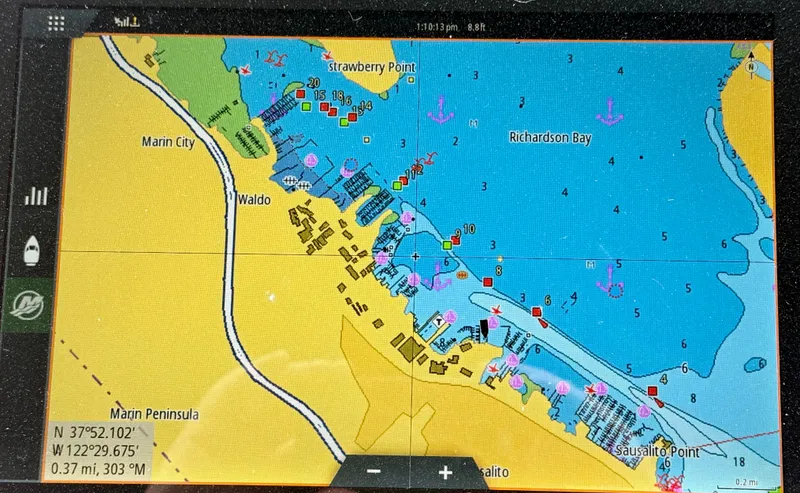 Slide: The Image of Nautical chart display on Sea Ray SLX 280, showing Richardson Bay and surrounding areas. - 12