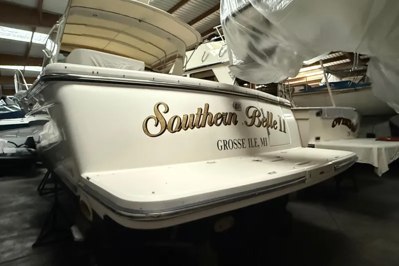 Slide: The Image of 1998 Tiara Yachts 3500 Open in storage, named "Southern Belle II," Grosse Ile, MI. - 3