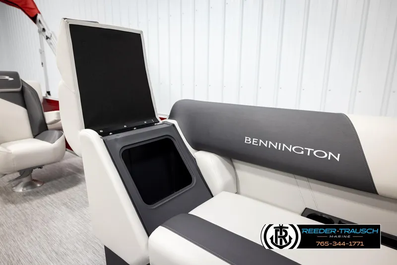 Slide: The Image of 2026 Bennington SSBSF boat seat with storage compartment, featuring sleek design and branding. - 22