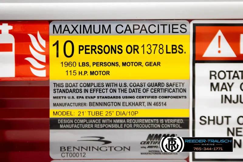 Slide: The Image of 2026 Bennington SSBSF capacity label: 10 persons, 1378 lbs, 115 HP motor compliance. - 52