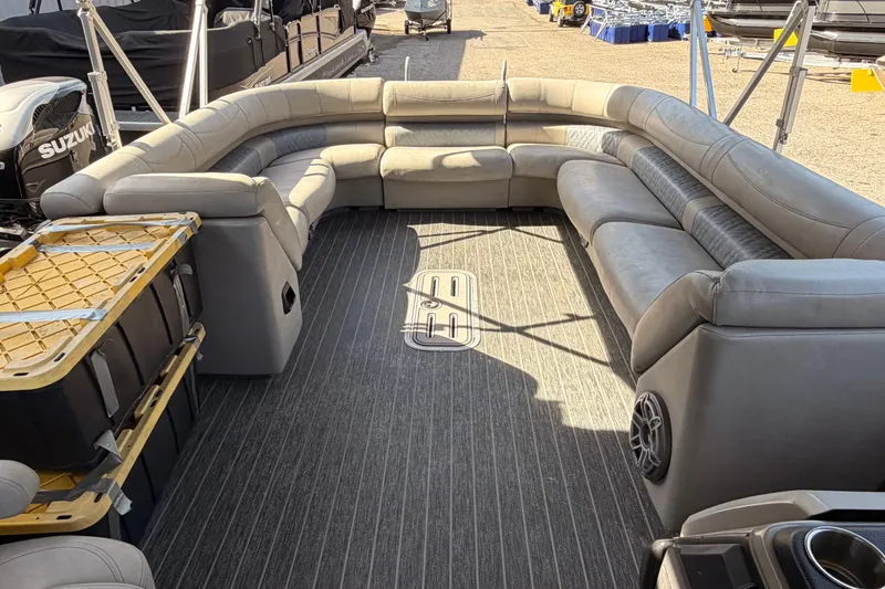 Slide: The Image of Luxurious seating on 2022 Premier 350 Escalante pontoon boat with spacious deck layout. - 14