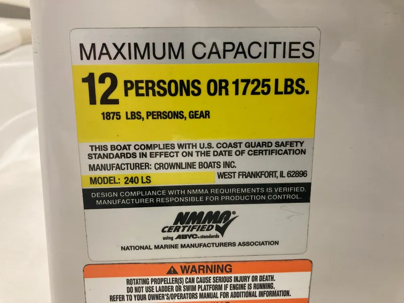 Slide: The Image of Crownline 240LS boat capacity: 12 persons or 1725 lbs. - 30