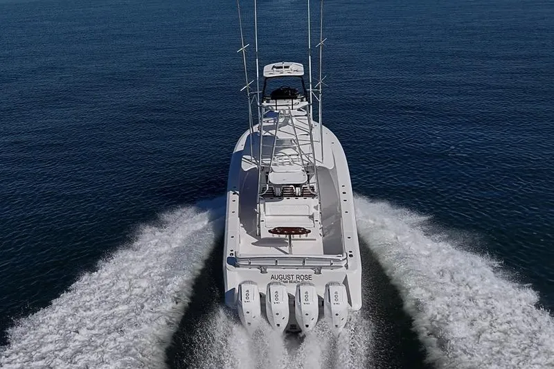 Slide: The Image of Aerial view of 2025 Sparks 46 boat cruising on open water. - 48