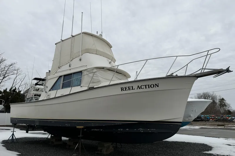 The Image of 1986 Henriques Yachts 35 Maine Coaster named "Reel Action" on dry dock. - 1