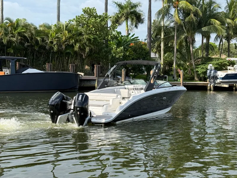 Slide: The Image of 2026 Sea Ray SDX 290 Outboard in a tropical setting with palm trees and calm water. - 7