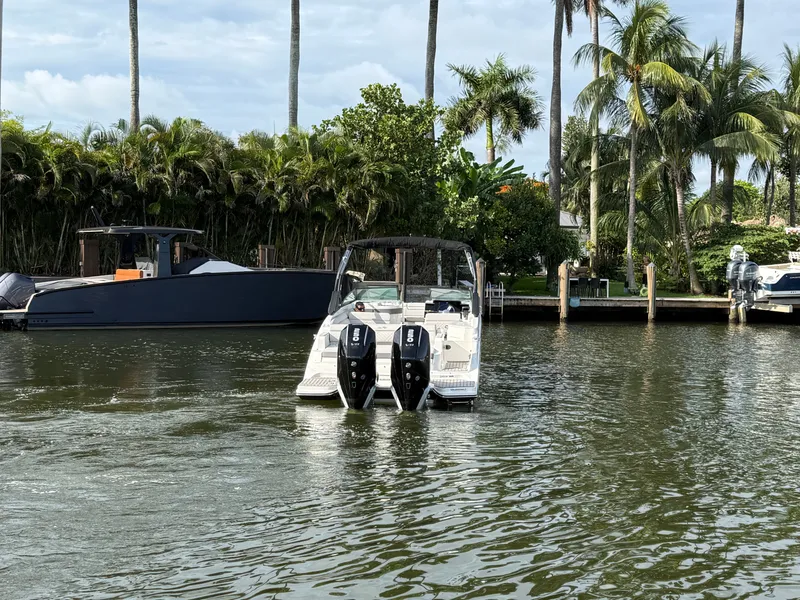 Slide: The Image of 2026 Sea Ray SDX 290 Outboard on the water, surrounded by palm trees and another boat. - 2