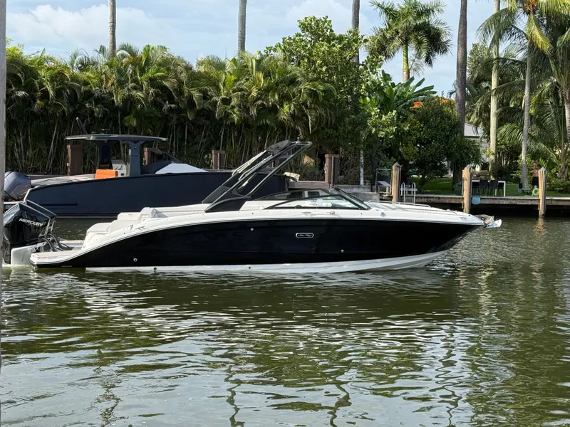 Slide: The Image of 2026 Sea Ray SDX 290 Outboard on calm water, surrounded by palm trees. - 6