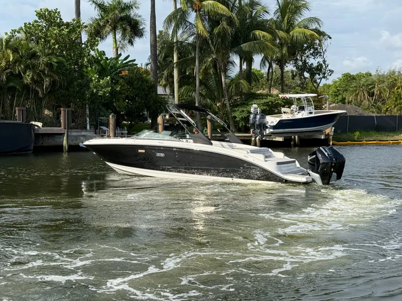 Slide: The Image of A 2026 Sea Ray SDX 290 Outboard cruising on a calm waterway, surrounded by palm trees. - 17