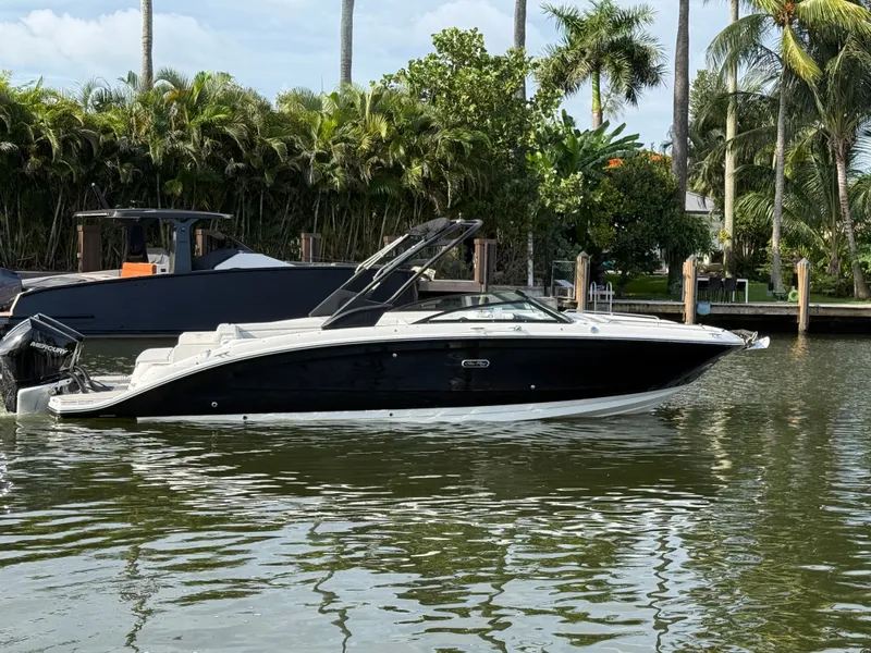 Slide: The Image of 2026 Sea Ray SDX 290 Outboard in a tropical setting with palm trees and calm water. - 5