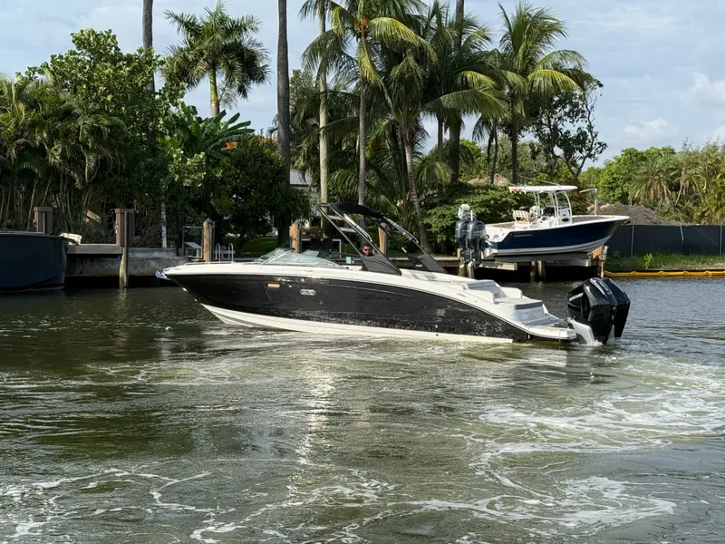 Slide: The Image of A 2026 Sea Ray SDX 290 Outboard cruising on a waterway, surrounded by palm trees. - 19