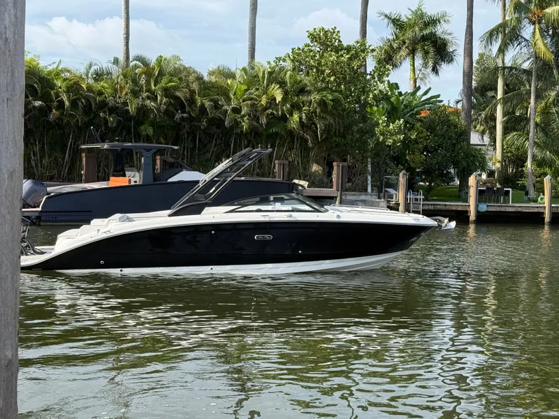 Slide: The Image of A sleek Sea Ray SDX 290 Outboard boat on a calm waterway, surrounded by palm trees. - 0