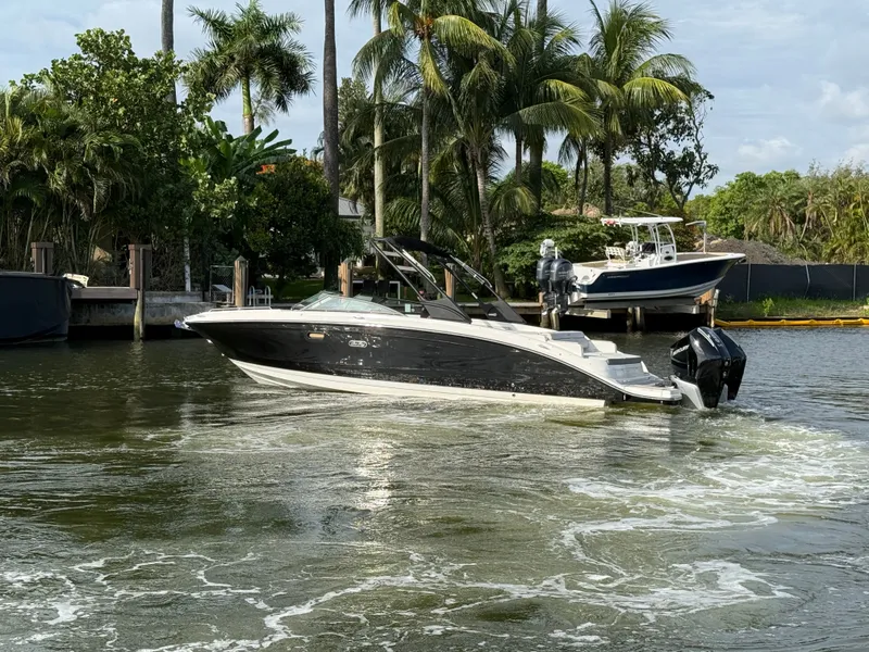 Slide: The Image of A 2026 Sea Ray SDX 290 Outboard cruising on a calm waterway, surrounded by palm trees. - 18