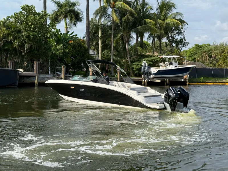 Slide: The Image of 2026 Sea Ray SDX 290 Outboard on a calm waterway with palm trees in the background. - 15