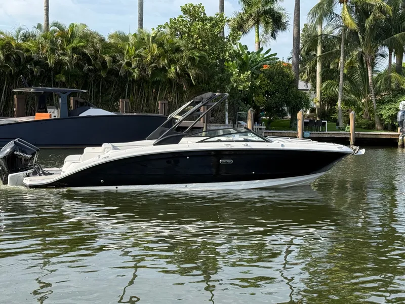 Slide: The Image of A sleek 2026 Sea Ray SDX 290 Outboard boat floating on calm water, surrounded by palm trees. - 4