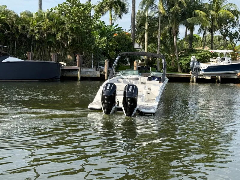 Slide: The Image of A 2026 Sea Ray SDX 290 Outboard on a calm waterway, surrounded by palm trees. - 13