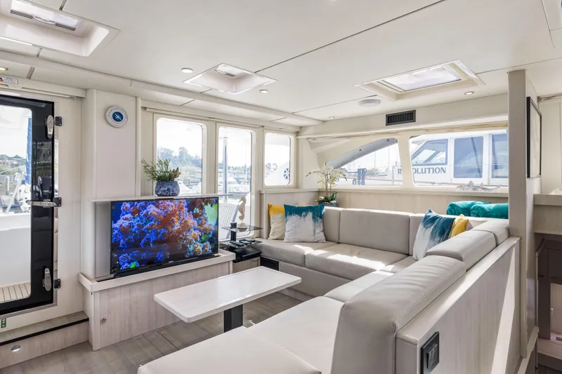 Slide: The Image of Luxurious interior of 2015 Leopard 58 yacht with modern decor and large windows. - 35