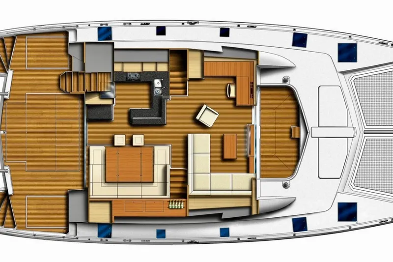 Slide: The Image of Top view layout of a 2015 Leopard 58 yacht interior, featuring spacious seating and modern design. - 23