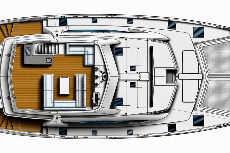 Slide: The Image of Top view of a 2015 Leopard 58 yacht layout, featuring spacious deck and seating areas. - 22