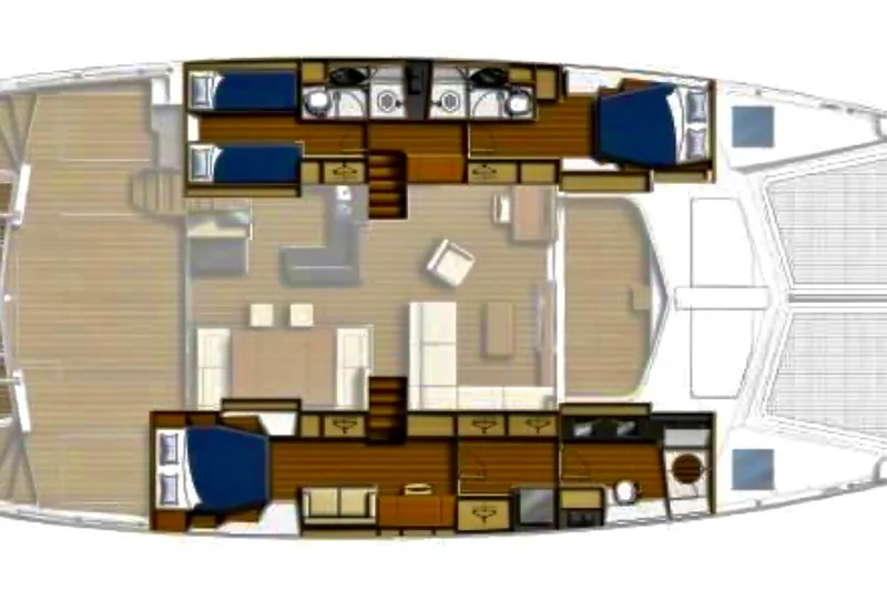 Slide: The Image of Floor plan of a 2015 Leopard 58 yacht, featuring cabins and living areas. - 24