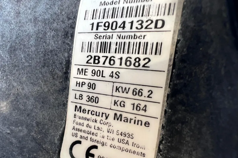 Slide: The Image of Label on Mercury Marine engine, model 1F904132D, 90 HP, for Lund 1675 Adventure Sport 2020. - 33