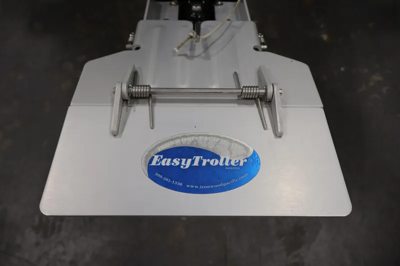 Slide: The Image of EasyTroller plate on 2019 Crestliner 1800 Kodiak SC boat, featuring Ironwood Pacific branding. - 43