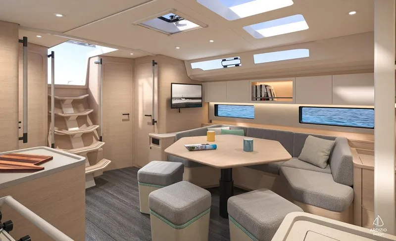 Slide: The Image of Modern interior of Dufour 44 yacht with spacious seating and skylights. - 11