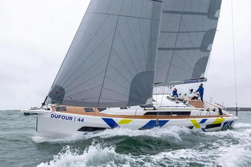 Slide: The Image of Dufour 44 sailboat navigating through waves. - 20