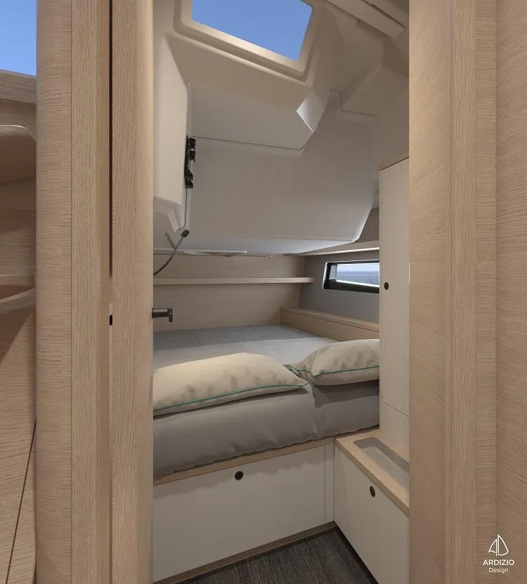 Slide: The Image of Dufour 44 yacht interior cabin with bed and skylight. - 8