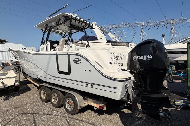 Slide: The Image of 2020 Sea Fox 328 Commander boat with Yamaha engine on trailer. - 6