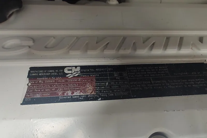 Slide: The Image of Cummins engine label on 2006 Sea Ray 48 Sundancer, model QSC8.3-540, CPL 8017. - 30
