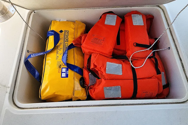 Slide: The Image of 2001 Privilege 435 catamaran docked at marina, aerial view. - 142